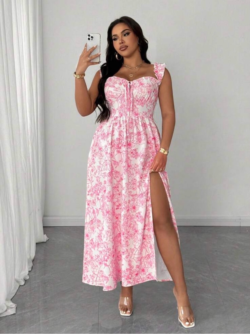 SHEIN Pink Floral Maxi Dress with Side Slit